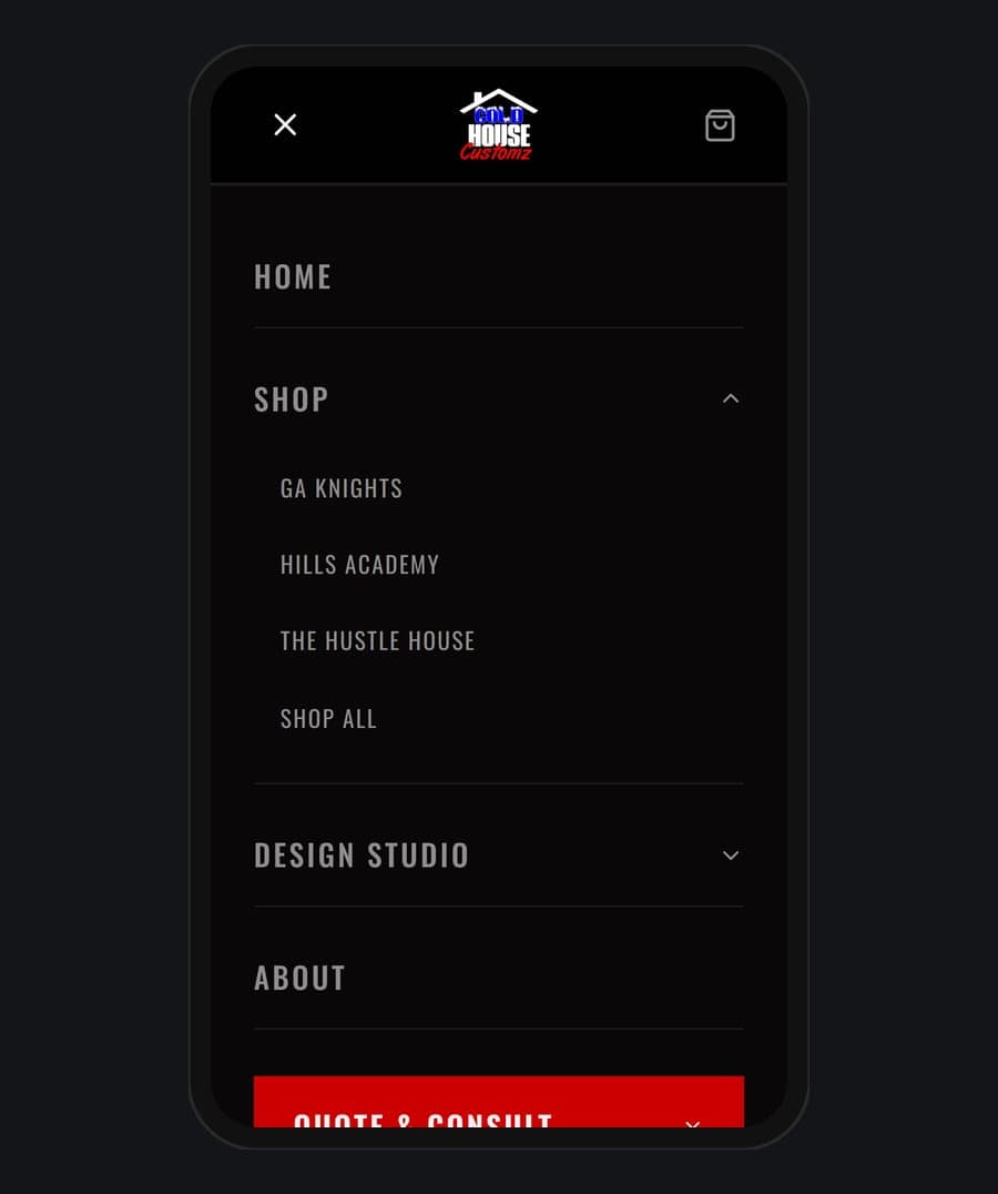 The menu on a phone: Shop opens the three stores