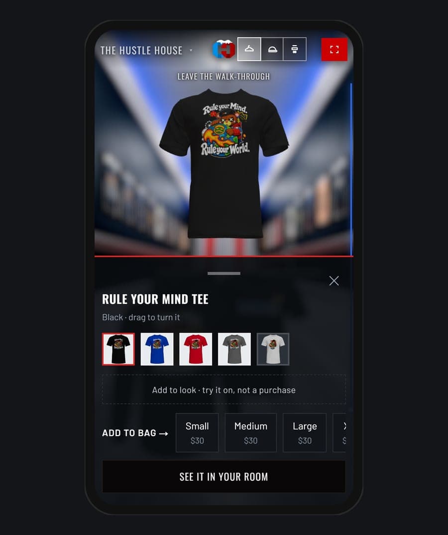 The Rule Your Mind tee picked up off the rack, with colors and sizes