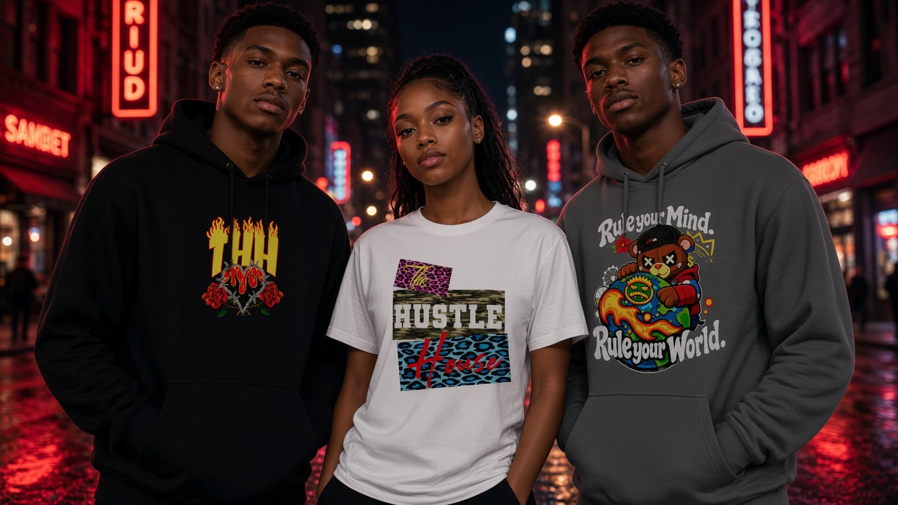 Three models in The Hustle House new drop on an Atlanta street at night