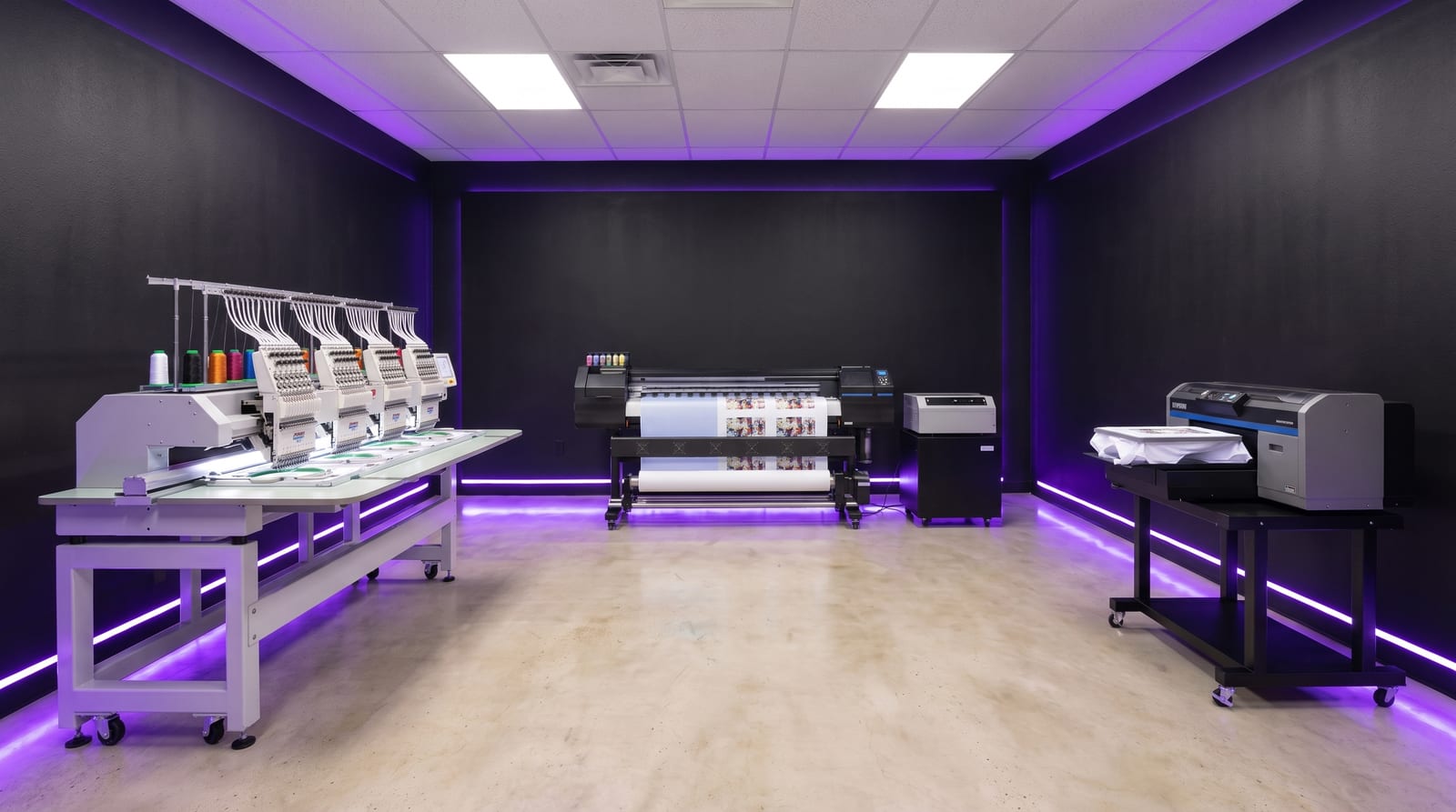 The Cold House workshop — embroidery machine, DTF printer and DTG printer